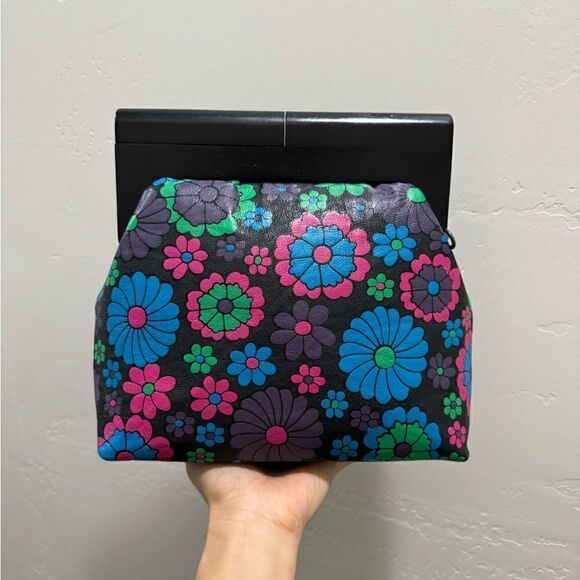 Chic Wood Frame & Leather Floral Print Clutch/Shoulder Bag/Crossbody - Picture 6 of 16